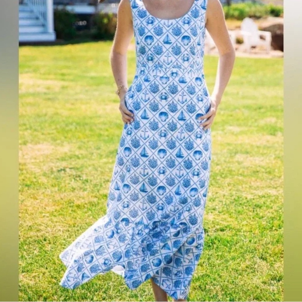 KJP Kiel James Patrick Sea Garden Maxi Dress Sz 8 blue white linen nautical sea - Picture 2 of 15